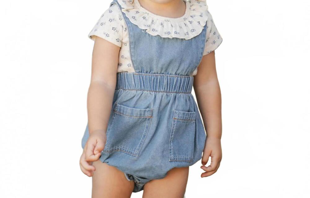 NEW RYLEE + CRU girl's denim romper in washed blue